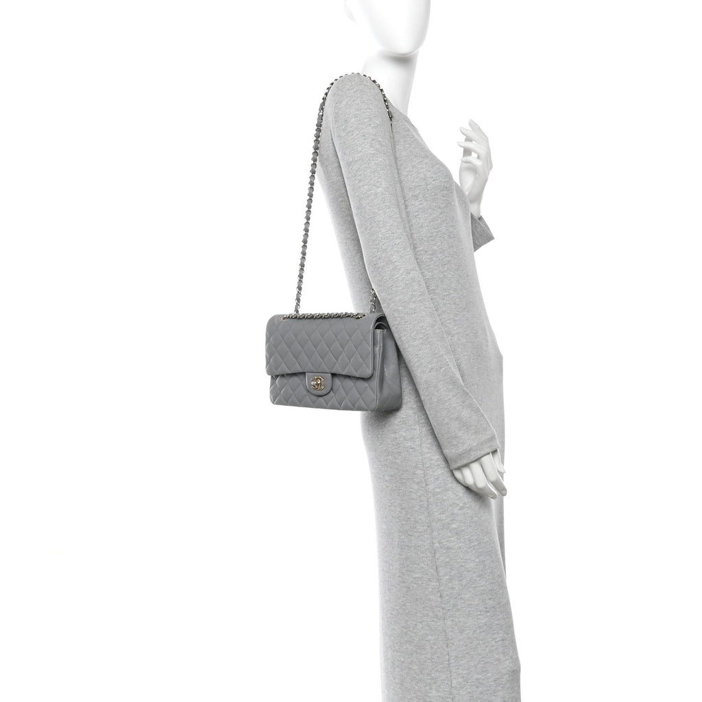 Caviar Quilted Medium Double Flap Grey