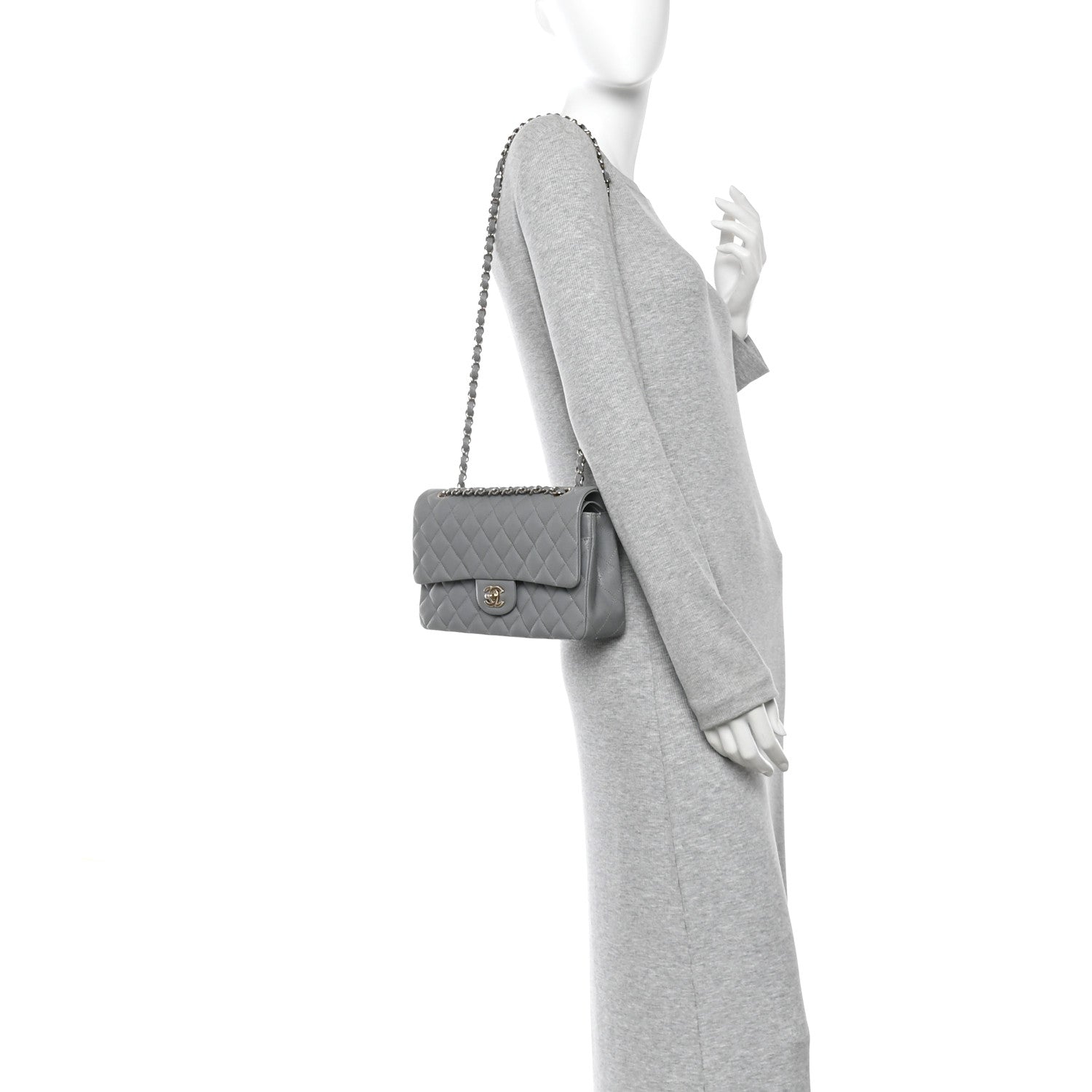 Caviar Quilted Medium Double Flap Grey