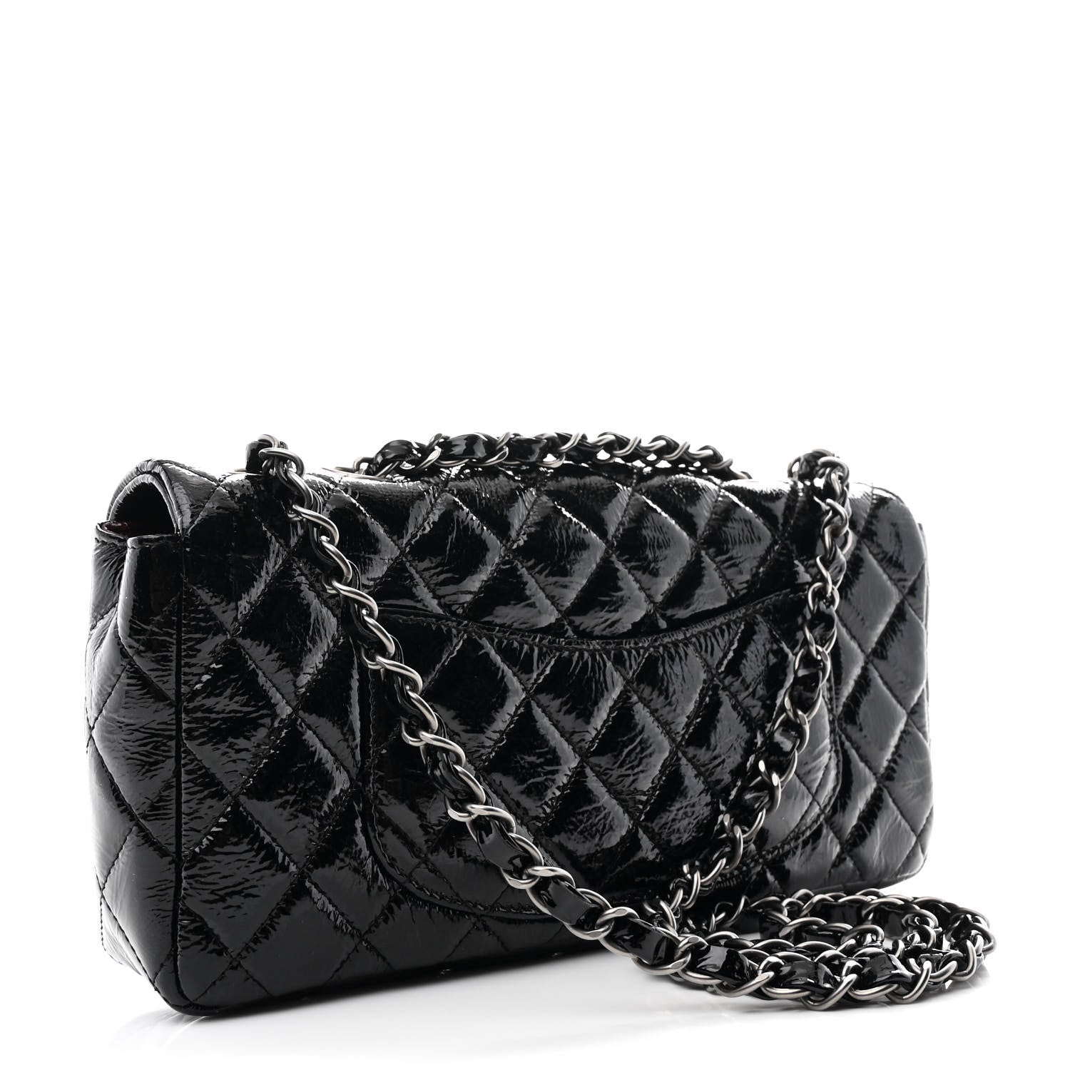 Crinkled Patent Quilted East West Flap Black