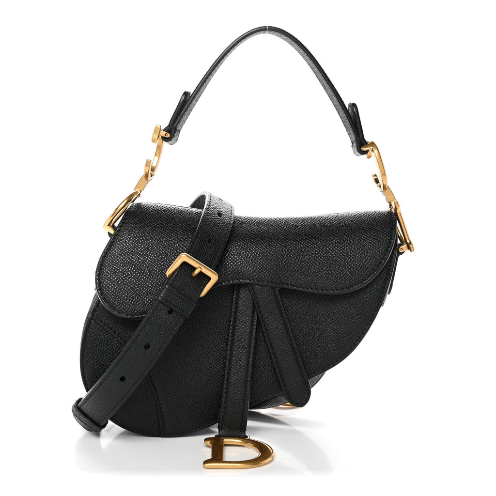 Grained Calfskin Mini Saddle Bag With Strap Black