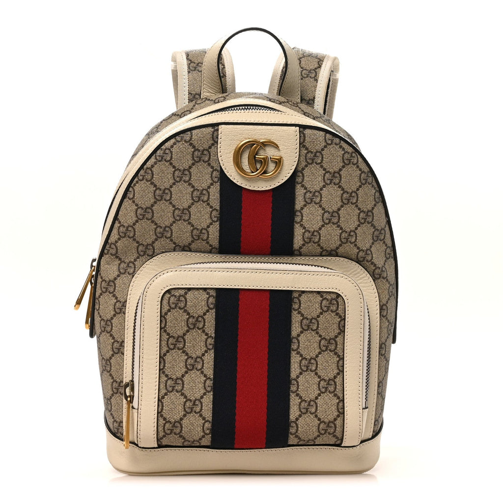 GG Supreme Monogram Textured Calfskin Web Small Ophidia Day Backpack Beige Ebony Mystic White