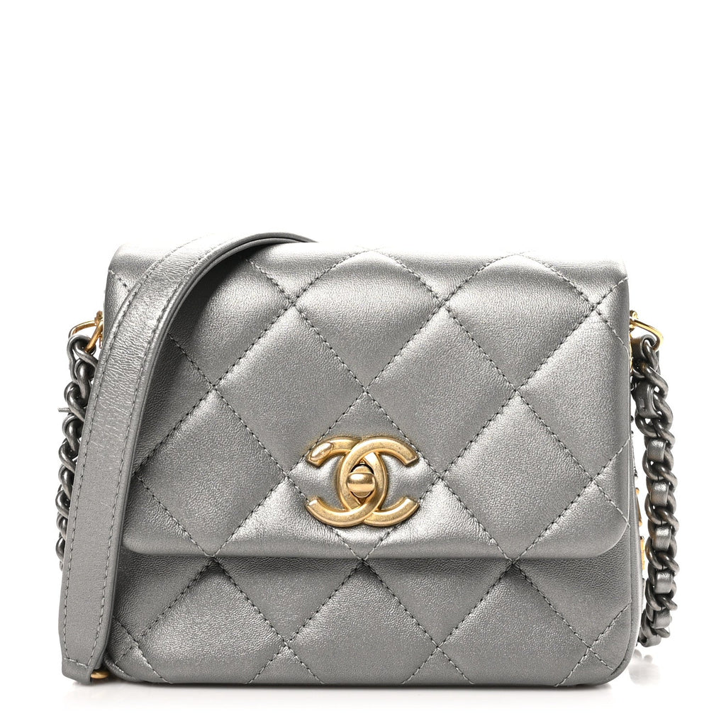 Metallic Lambskin Quilted Mini Side Note Flap Grey
