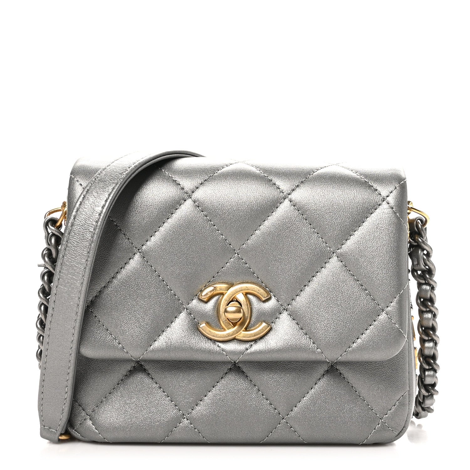 Metallic Lambskin Quilted Mini Side Note Flap Grey