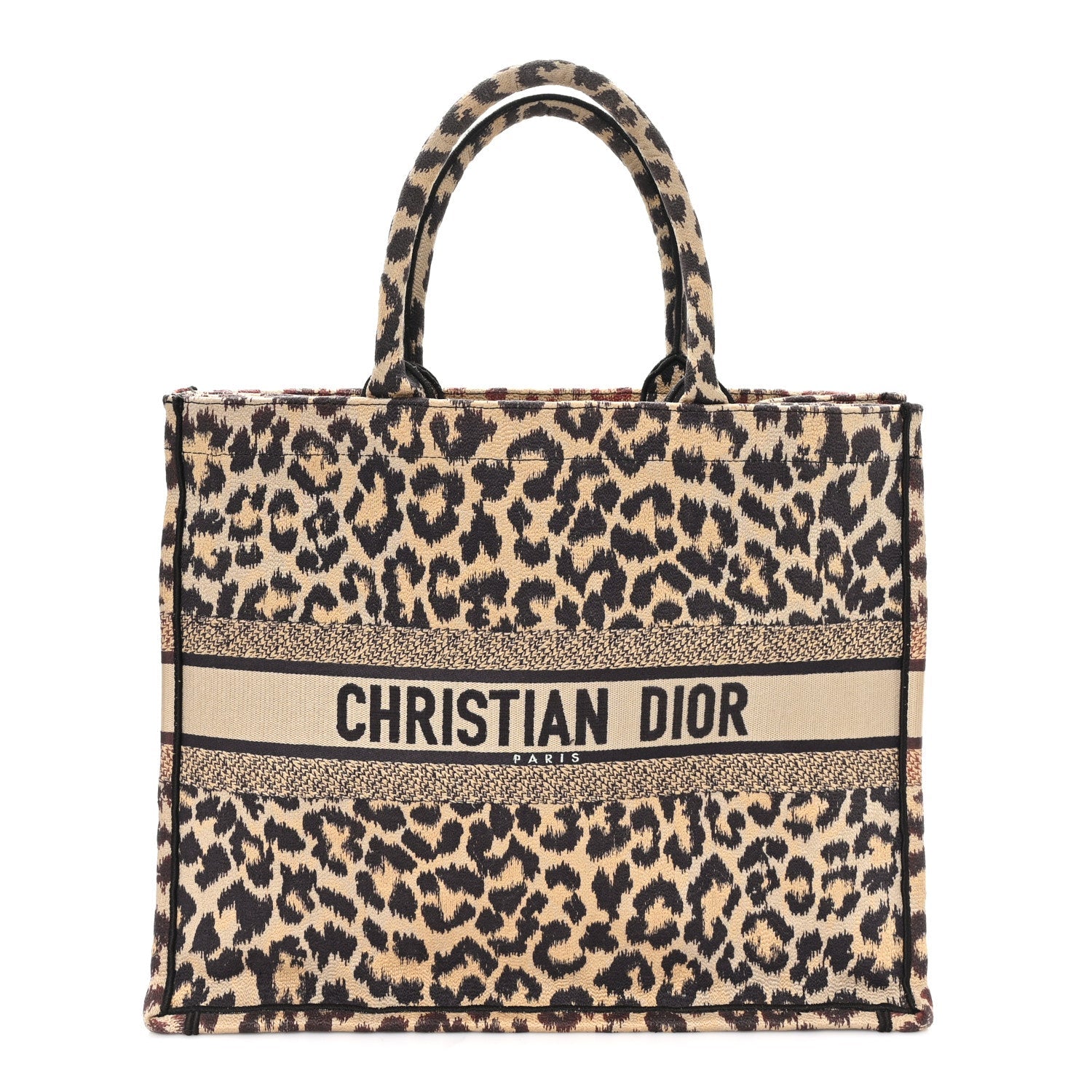Canvas Mizza Embroidered Large Leopard Book Tote Beige