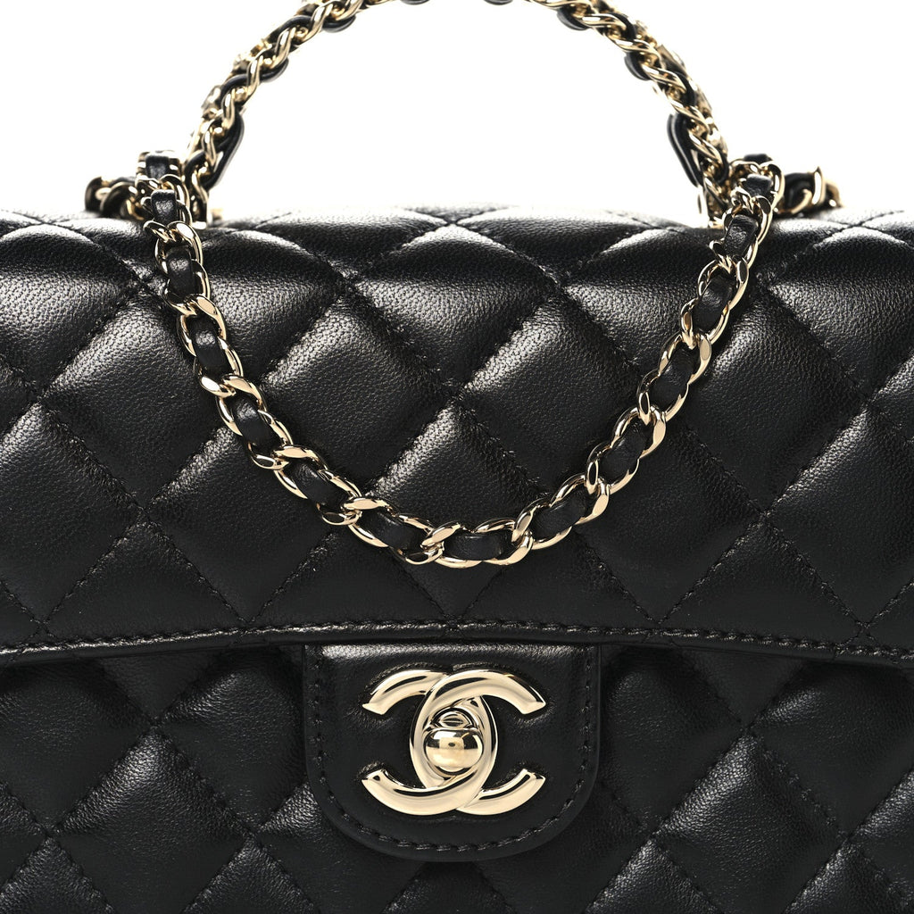 Lambskin Quilted Mini Crystal Top Handle Rectangular Flap Black
