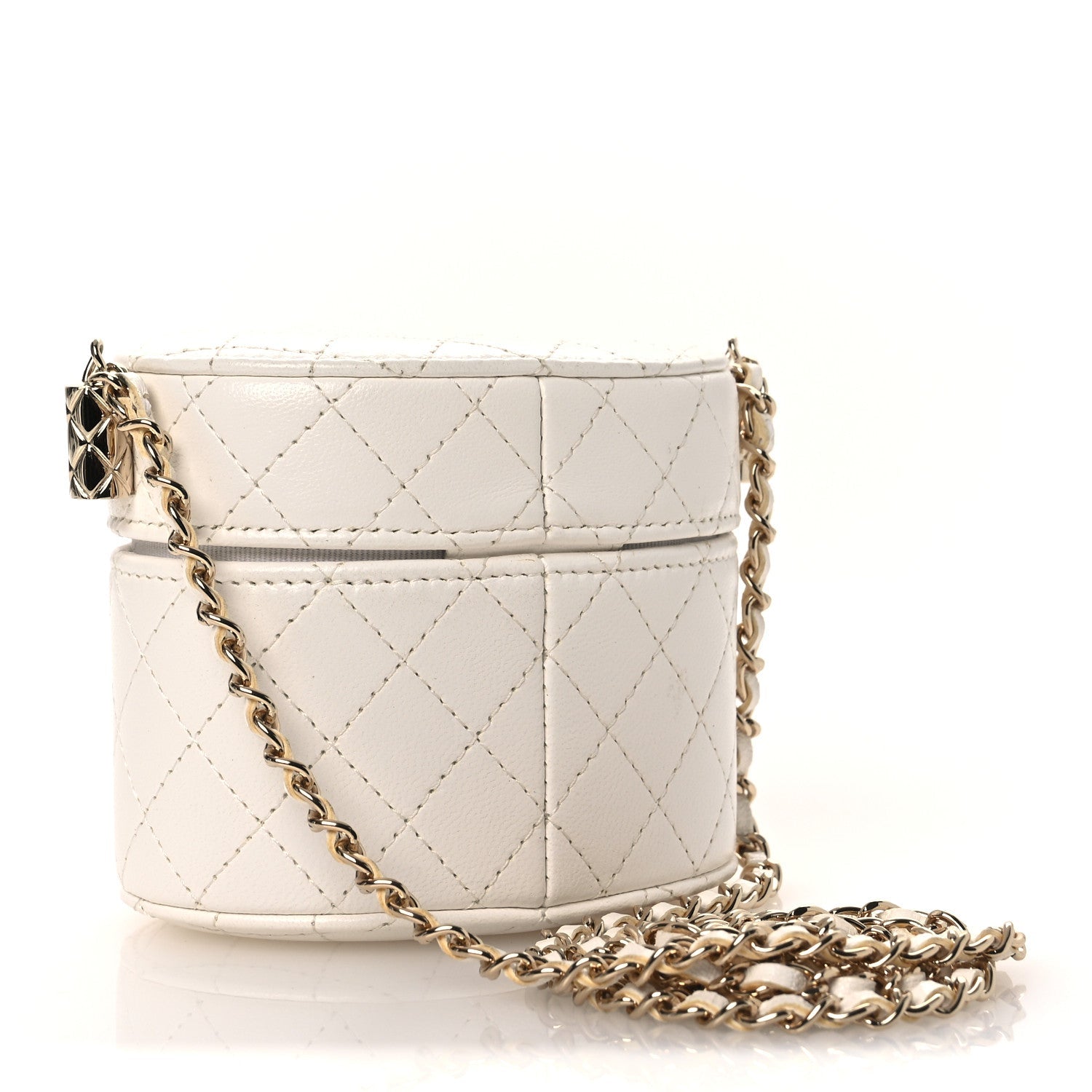 Lambskin Quilted Round Mini Vanity Case With Chain Case With Chain White