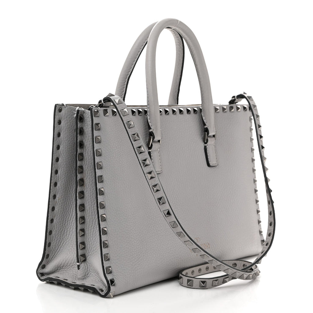 Grained Calfskin Medium Rockstud Double Handle Horizontal Tote Pastel Grey