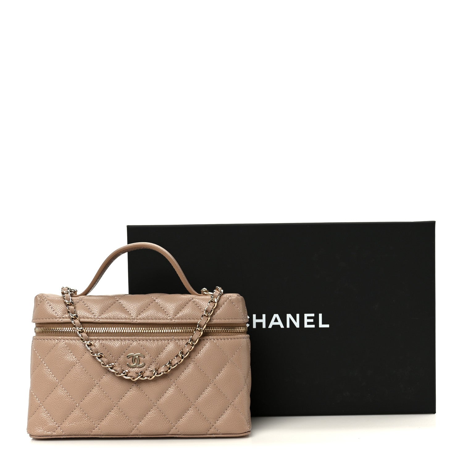 Caviar Quilted Top Handle Slim Vanity With Chain Dark Beige