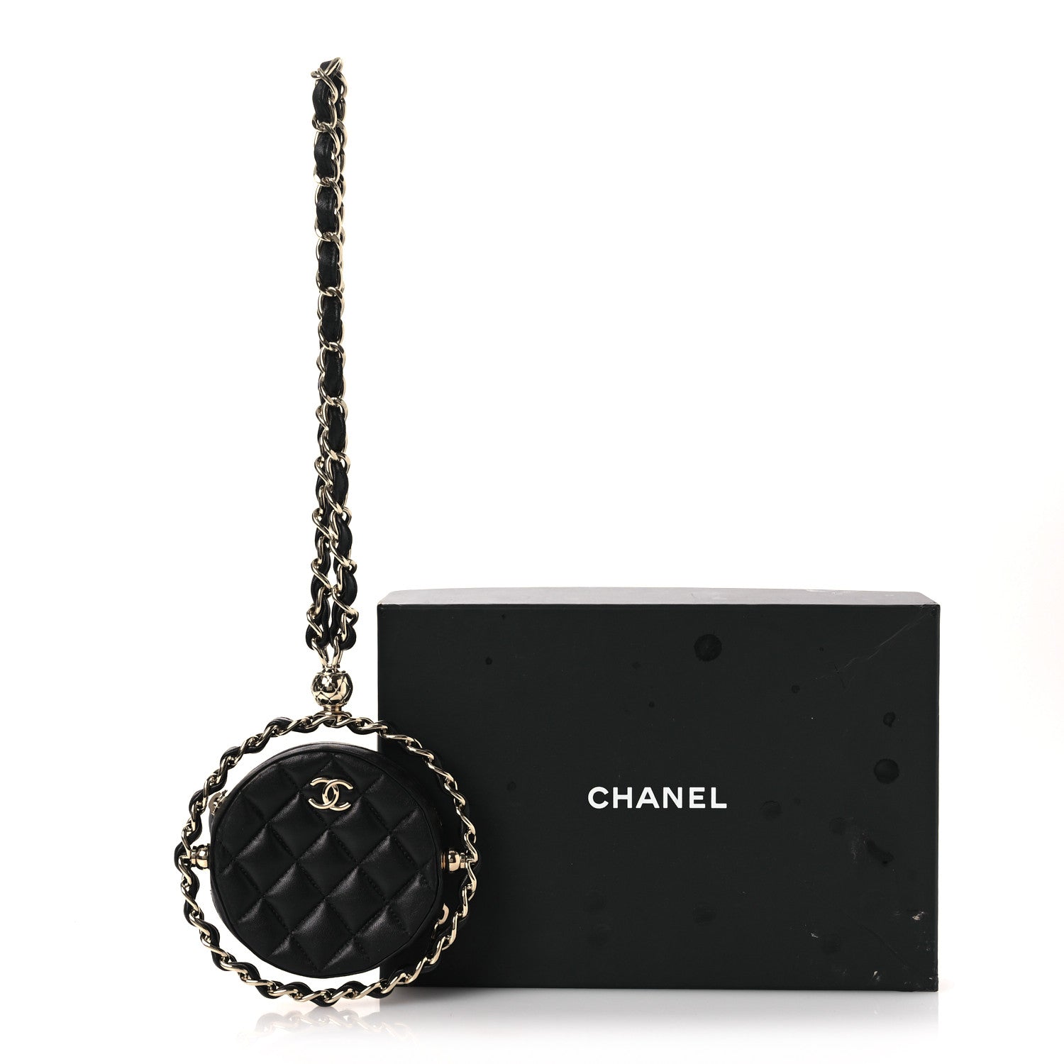 Lambskin Quilted Chain Round Mini Clutch Black