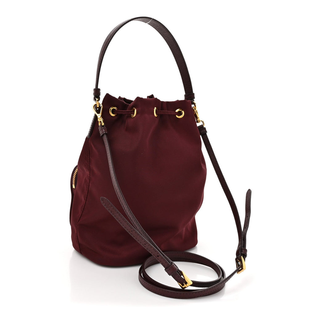 Saffiano Tessuto Nylon Mini Bucket Crossbody Bag Granato