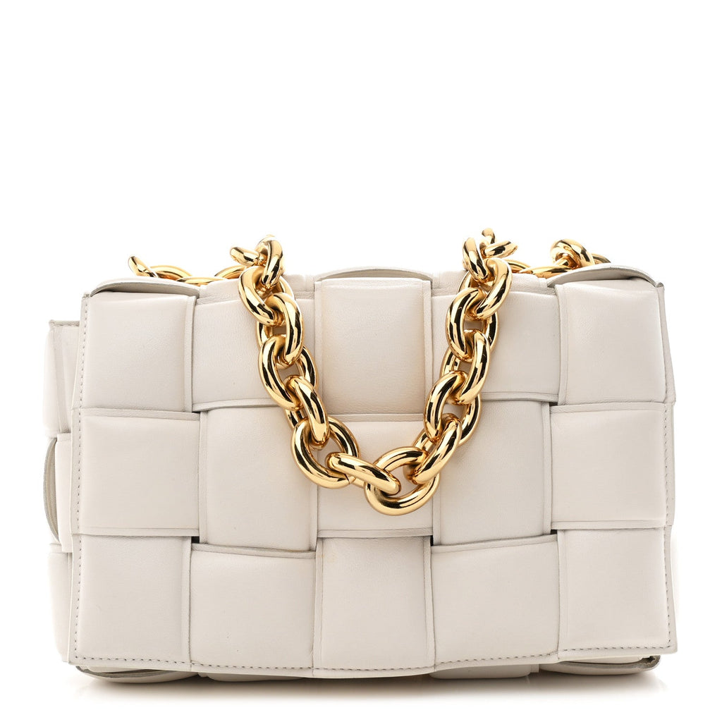 Lambskin Maxi Intreccio Padded Chain Cassette Crossbody Bag White