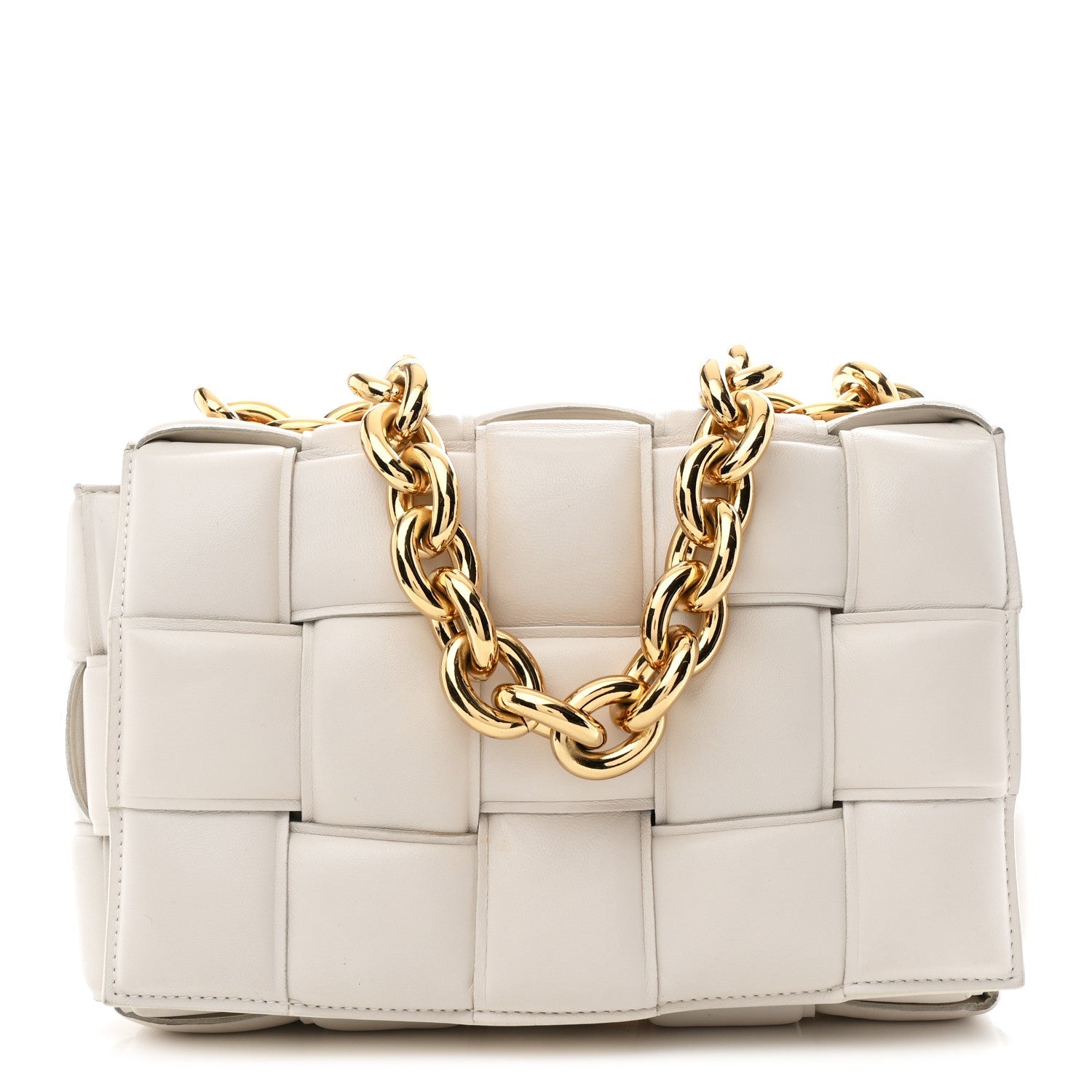 Lambskin Maxi Intreccio Padded Chain Cassette Crossbody Bag White