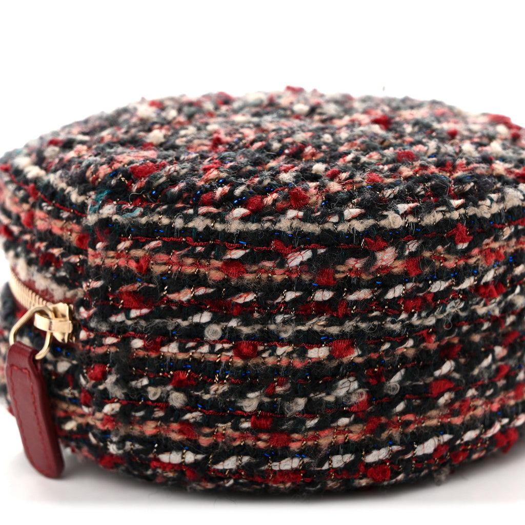 Tweed Quilted Round Clutch With Chain Red