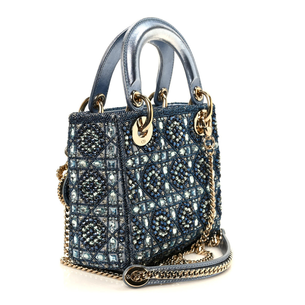 Metallic Calfskin Satin Celestial Bead Embroidery Cannage Mini Lady Dior Blue