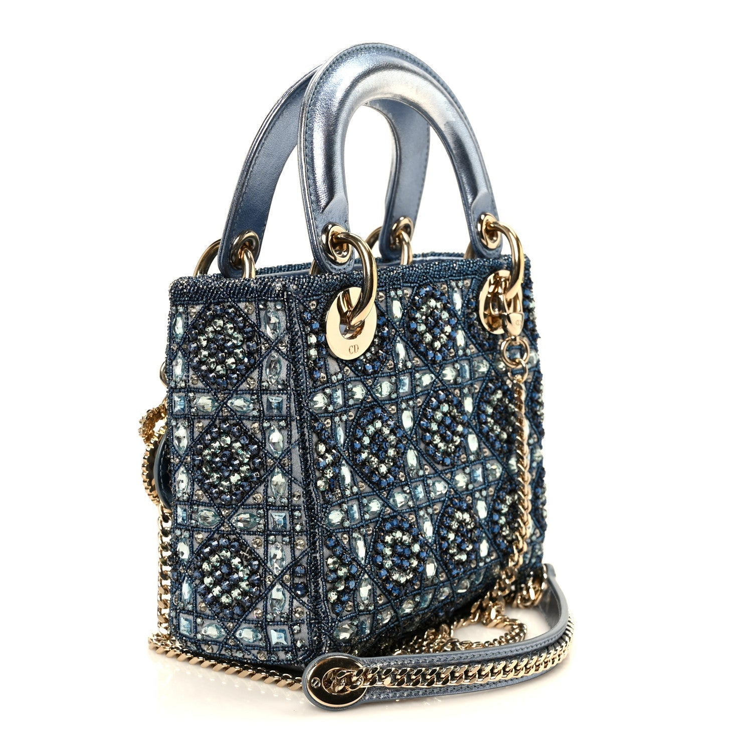 Metallic Calfskin Satin Celestial Bead Embroidery Cannage Mini Lady Dior Blue
