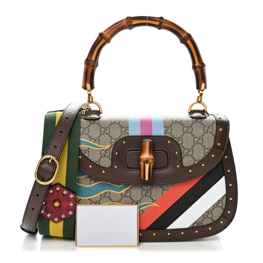 GG Supreme Monogram Studded Calfskin Centum Medium Bamboo 1947 Top Handle Bag Beige Ebony Multicolor