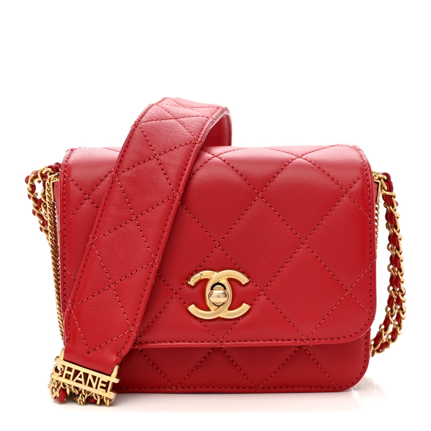 Lambskin Quilted Small Multiple Chain Flap Red