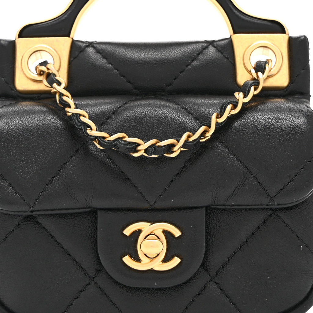 Calfskin Quilted Lady Handle Flap  Holder With Chain Black