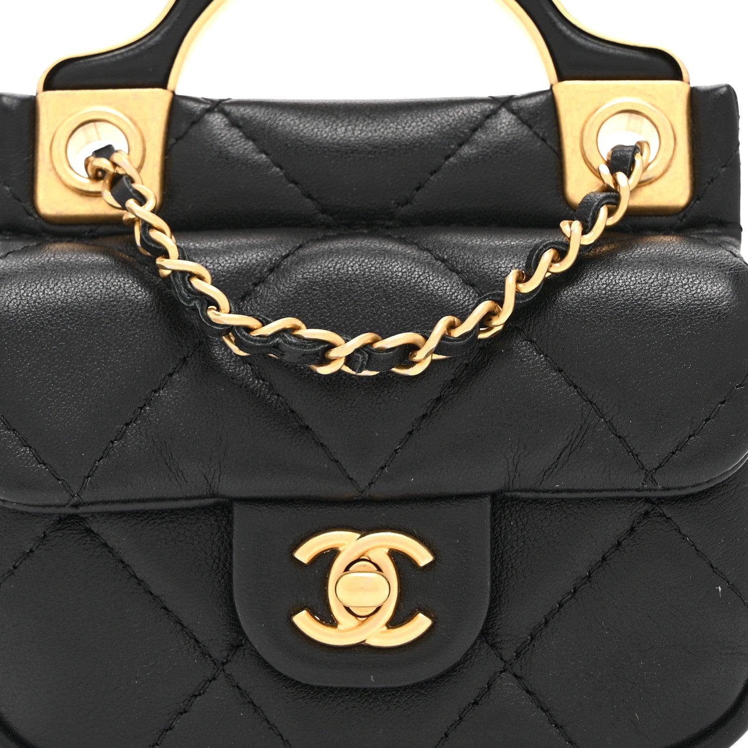 Calfskin Quilted Lady Handle Flap  Holder With Chain Black