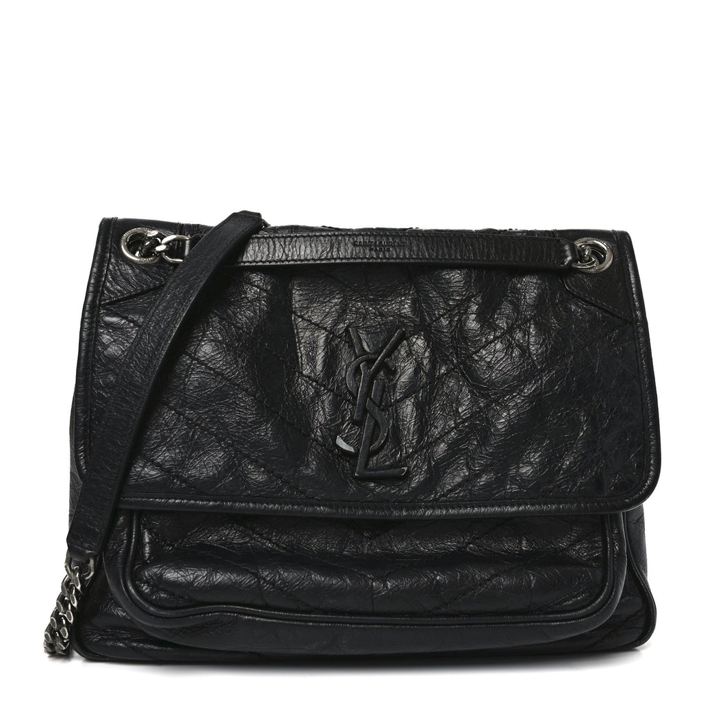 Crinkled Calfskin Matelasse Monogram Medium Niki Chain Satchel Black