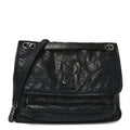 Crinkled Calfskin Matelasse Monogram Medium Niki Chain Satchel Black