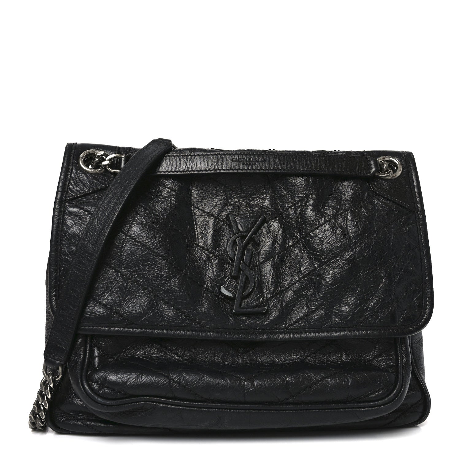 Crinkled Calfskin Matelasse Monogram Medium Niki Chain Satchel Black