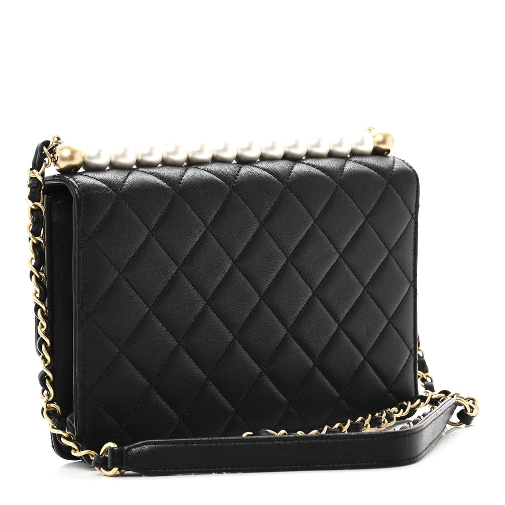 Goatskin Quilted Small Chic Pearls Flap Black