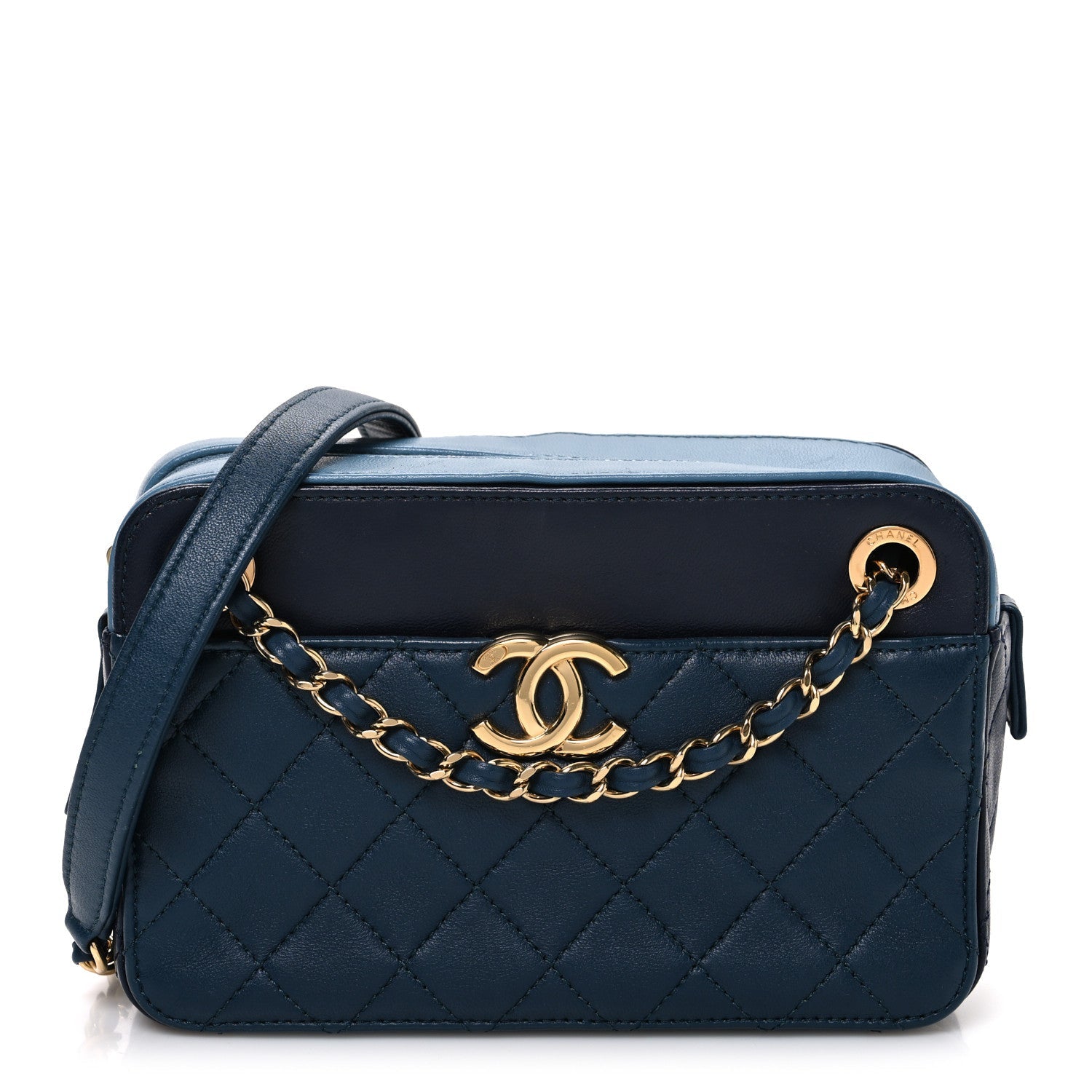 Lambskin Quilted Small In & Out Camera Case Navy Light Blue