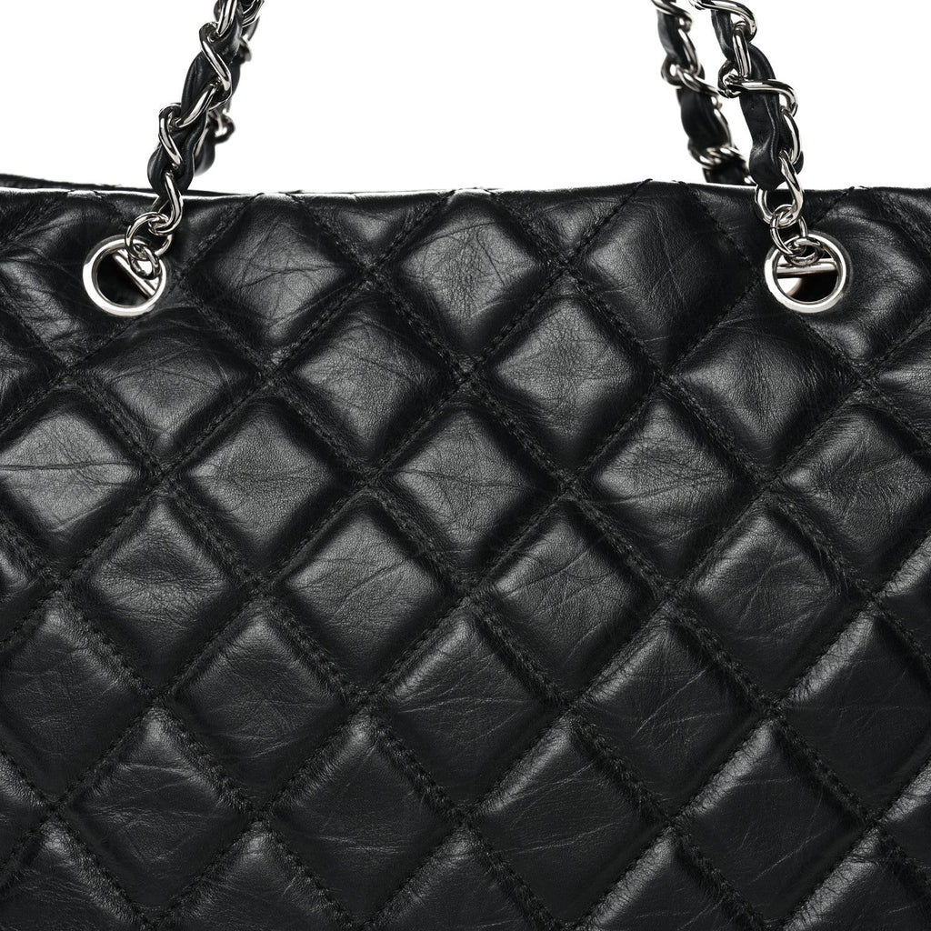 Aged Calfskin Quilted Large Cotton Club Tote Black