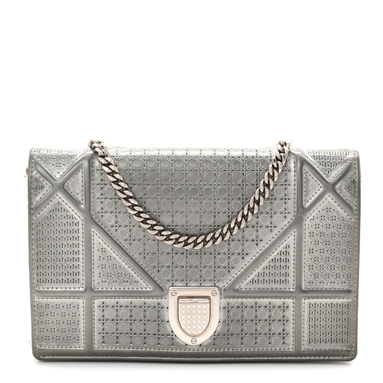 Metallic Patent Micro-Cannage Diorama Wallet on Chain Pouch Silver