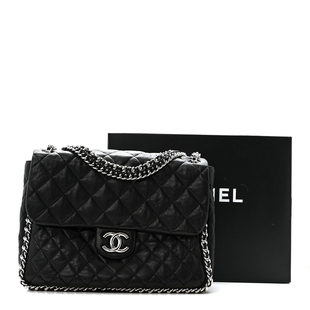 Washed Lambskin Quilted Maxi Chain Around Flap Black