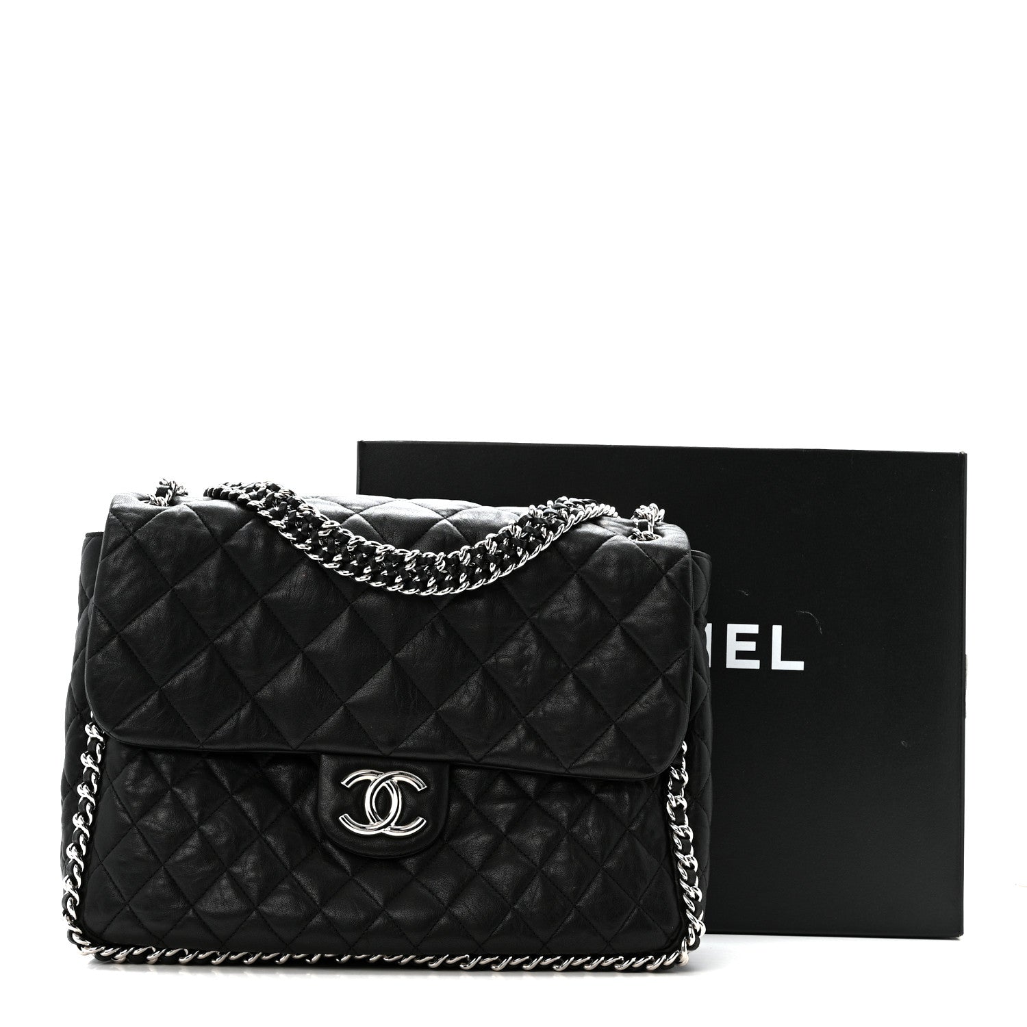 Washed Lambskin Quilted Maxi Chain Around Flap Black