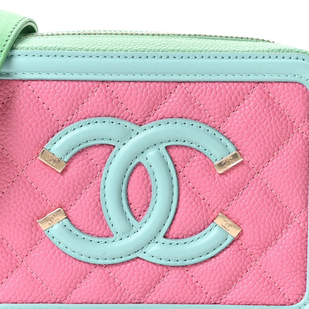 Caviar Quilted Filigree Vanity Clutch With Chain Pink Light Blue Green