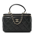 Lambskin Quilted Small Top Handle Vanity Case With Chain Black
