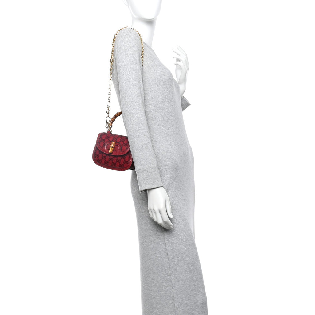 Moire Fabric Calfskin Rhinestone Monogram Monochrome Lizard Embossed Mini Bamboo 1947 Top Handle Chain Bag Red