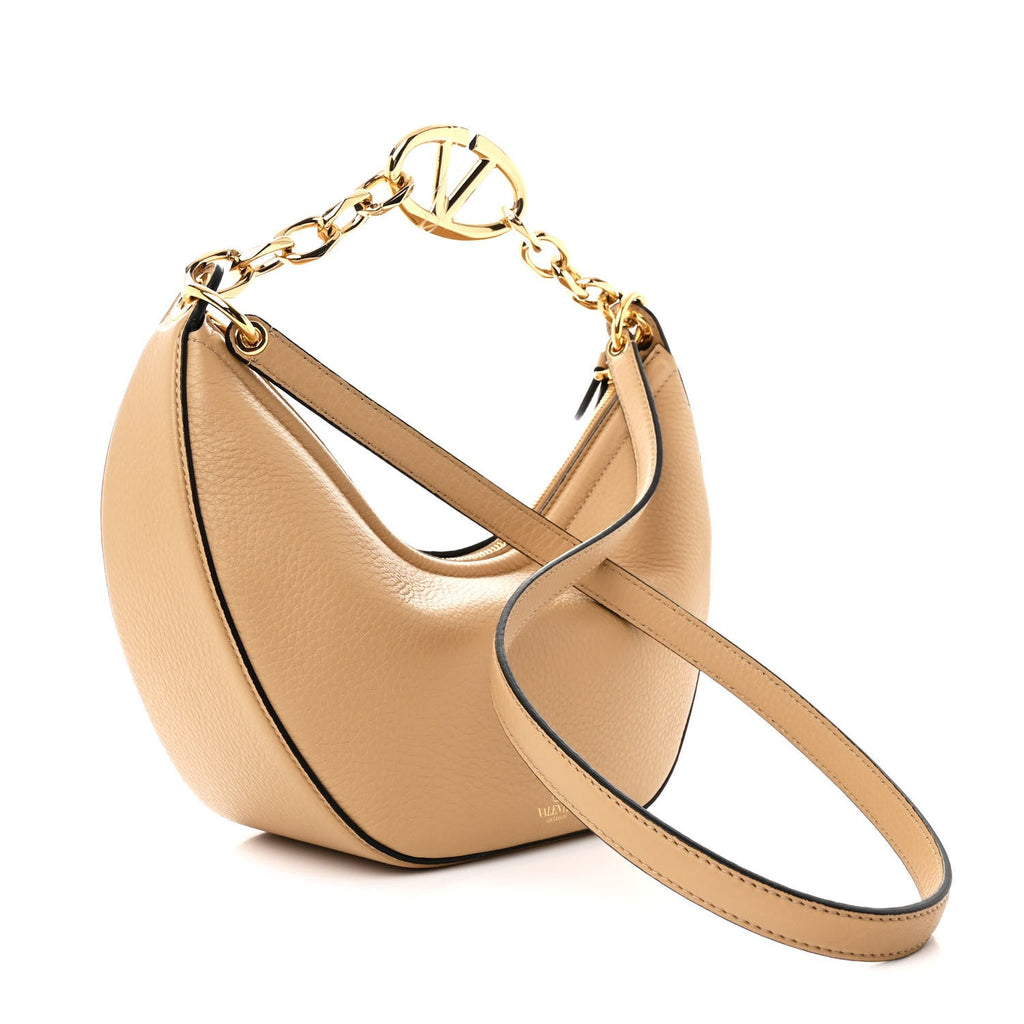 Grainy Calfskin Small Vlogo Moon Hobo Bag Cappuccino