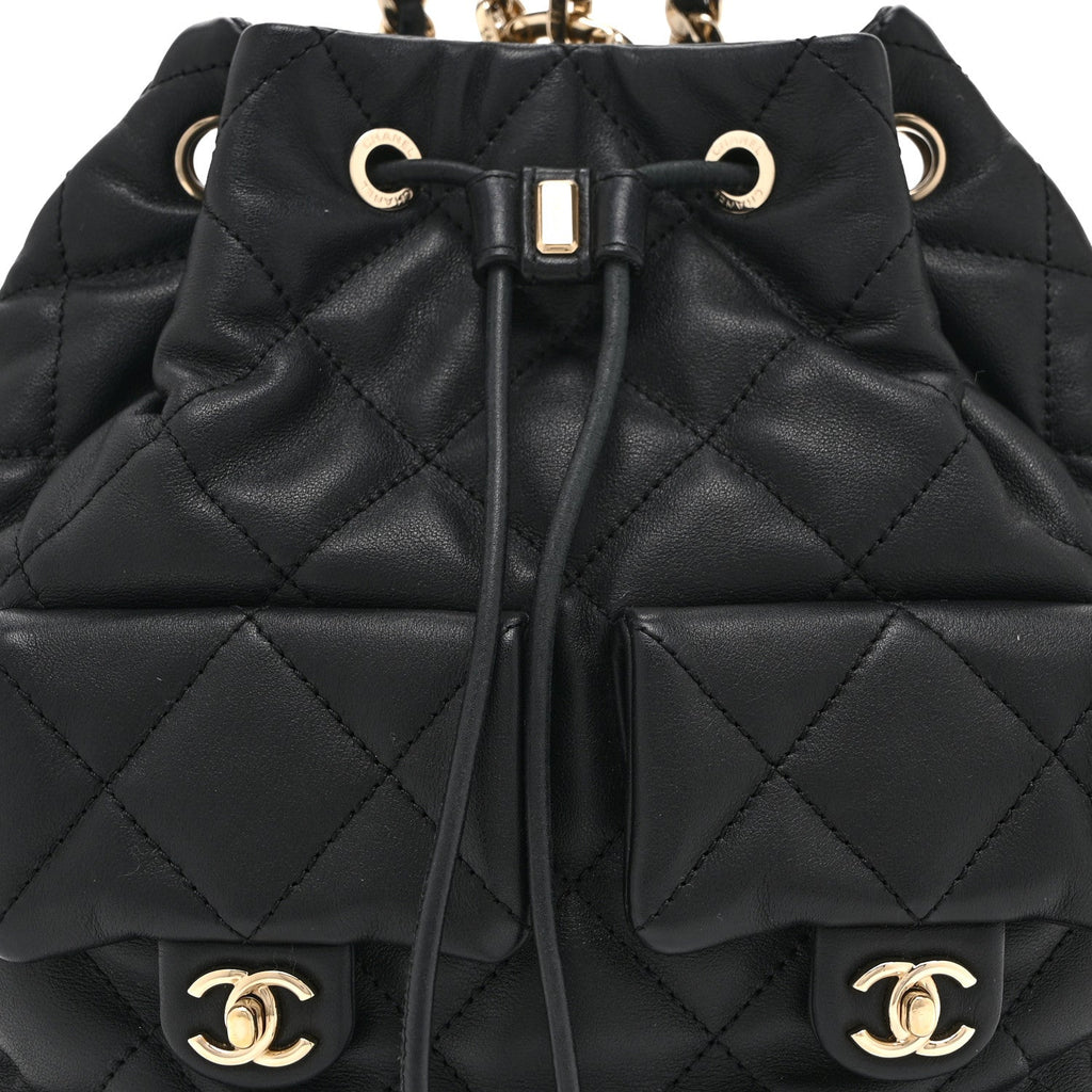 Lambskin Quilted Double Pocket Drawstring Backpack Black