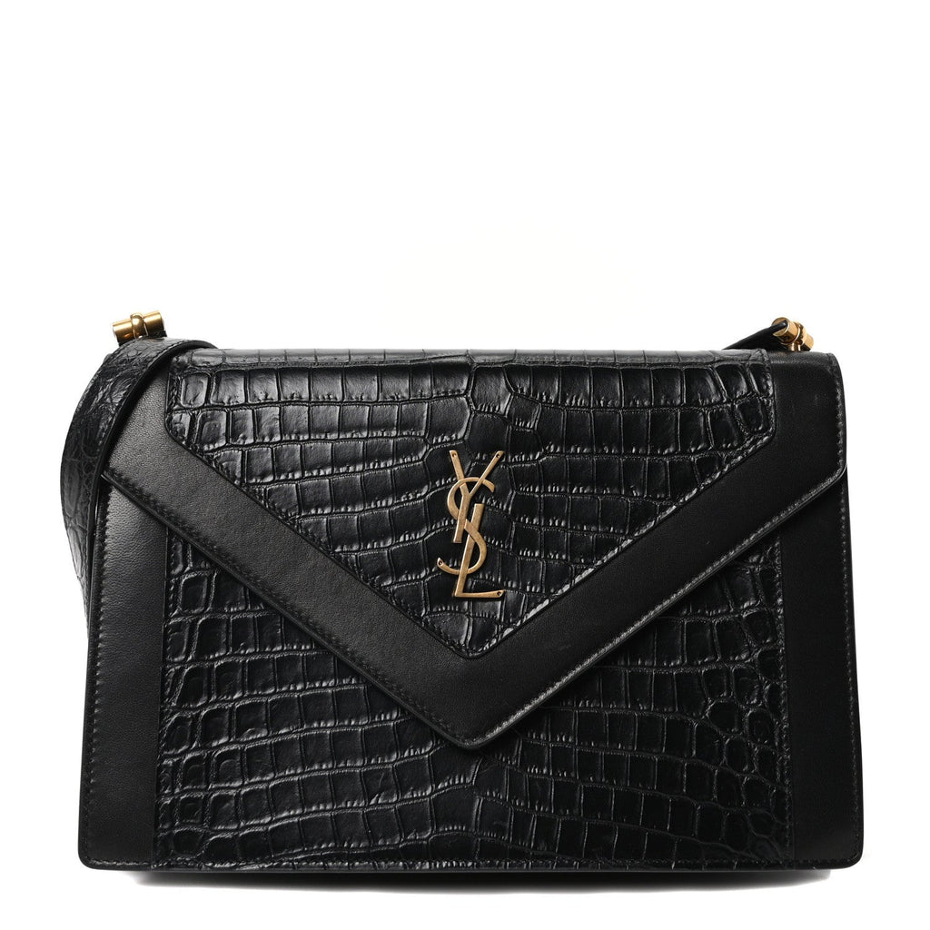 Calfskin Crocodile Embossed Gaby Satchel Black