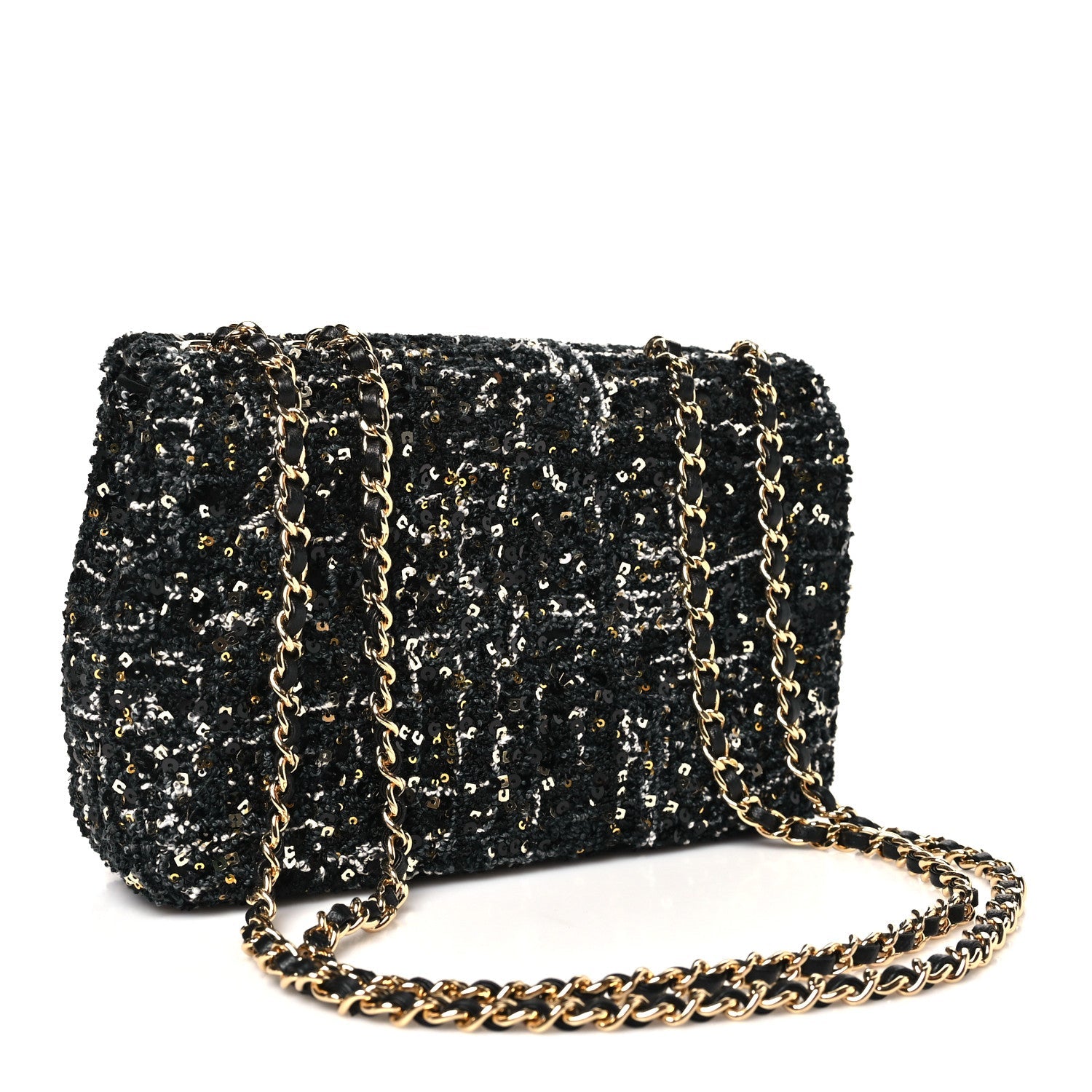 Tweed Sequin Small Single Flap Black Silvery Golden