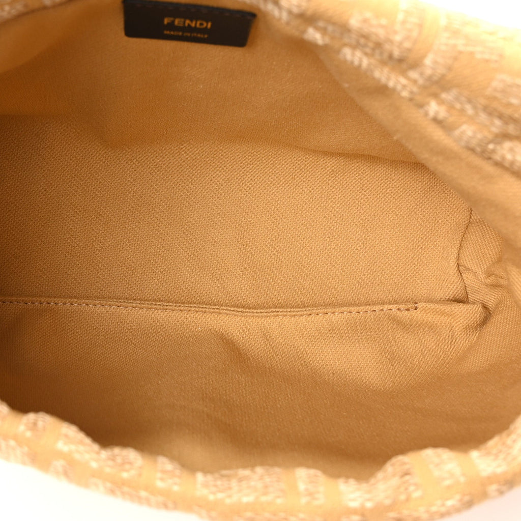 Fabric Jacquard Raffia Straw Fringe Medium Mamma Baguette Beige
