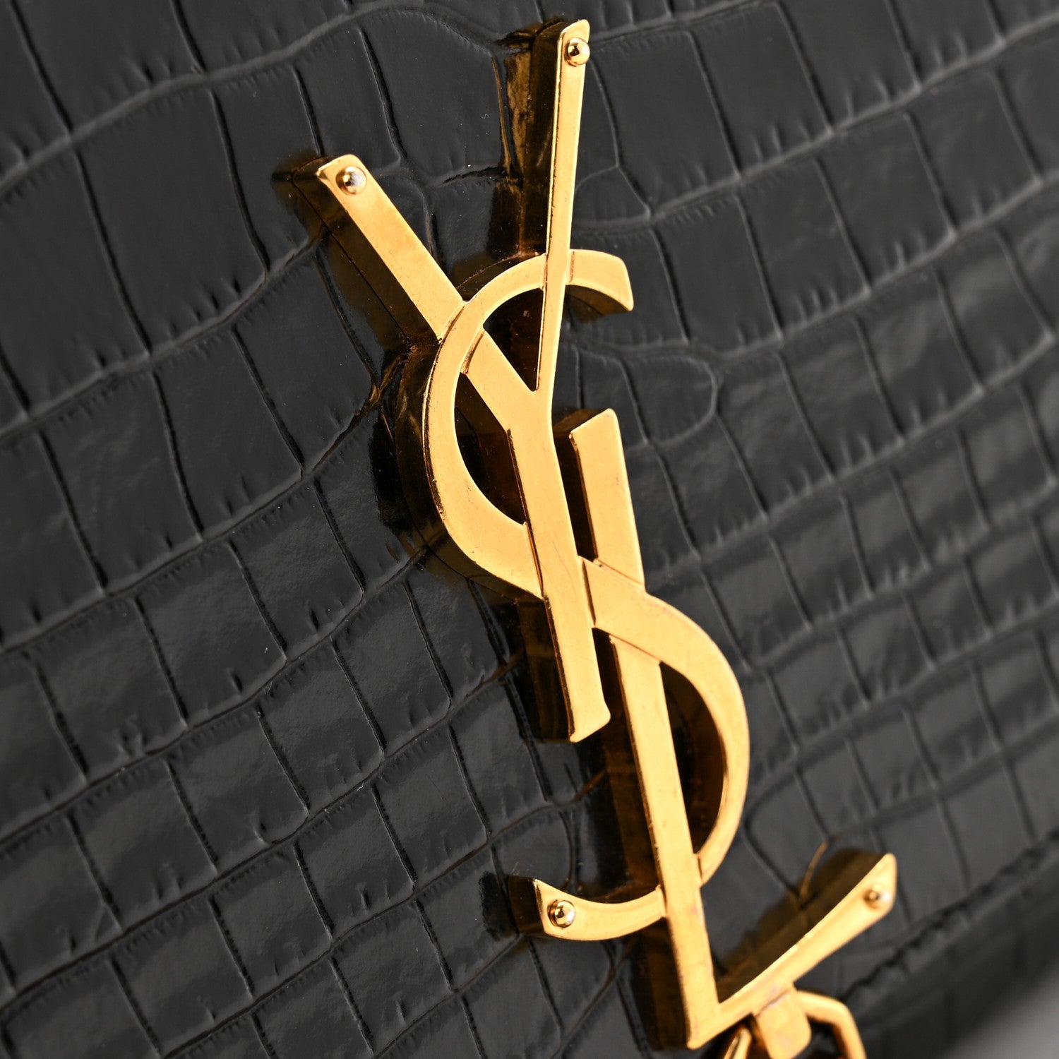 Calfskin Crocodile Embossed Medium Classic Monogram Kate Tassel Satchel Black