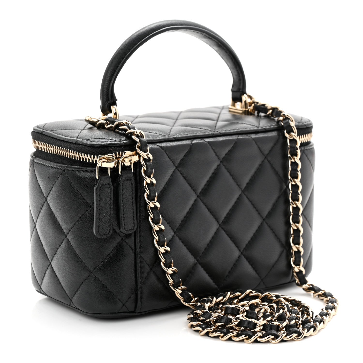 Lambskin Quilted Small Top Handle Vanity Case With Chain Black