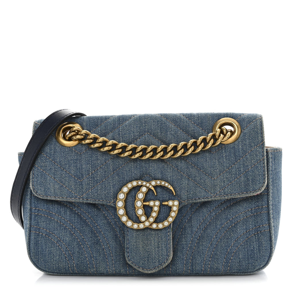 Denim Matelasse Small Pearly GG Marmont Shoulder Bag Blue