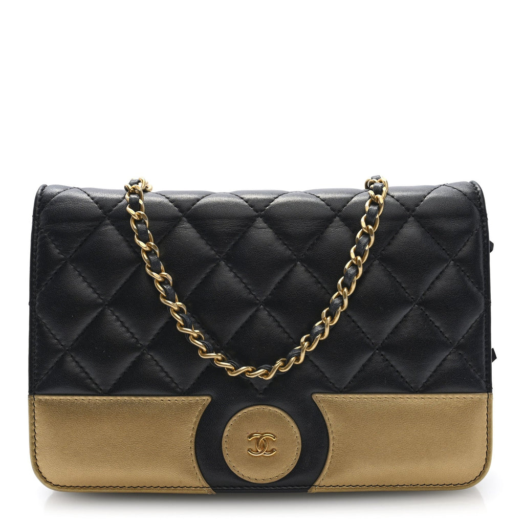 Lambskin Quilted Wallet On Chain WOC Black Gold
