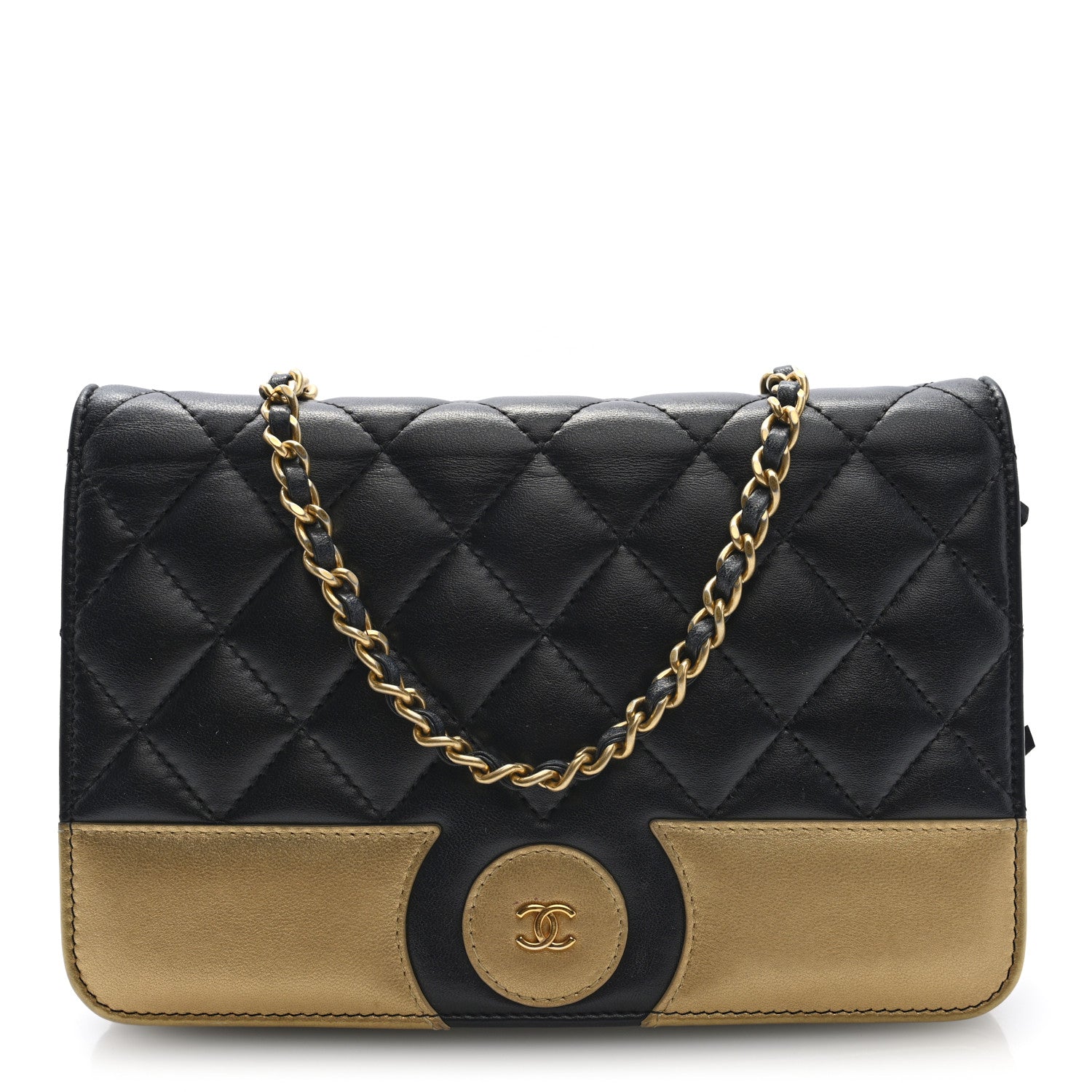 Lambskin Quilted Wallet On Chain WOC Black Gold