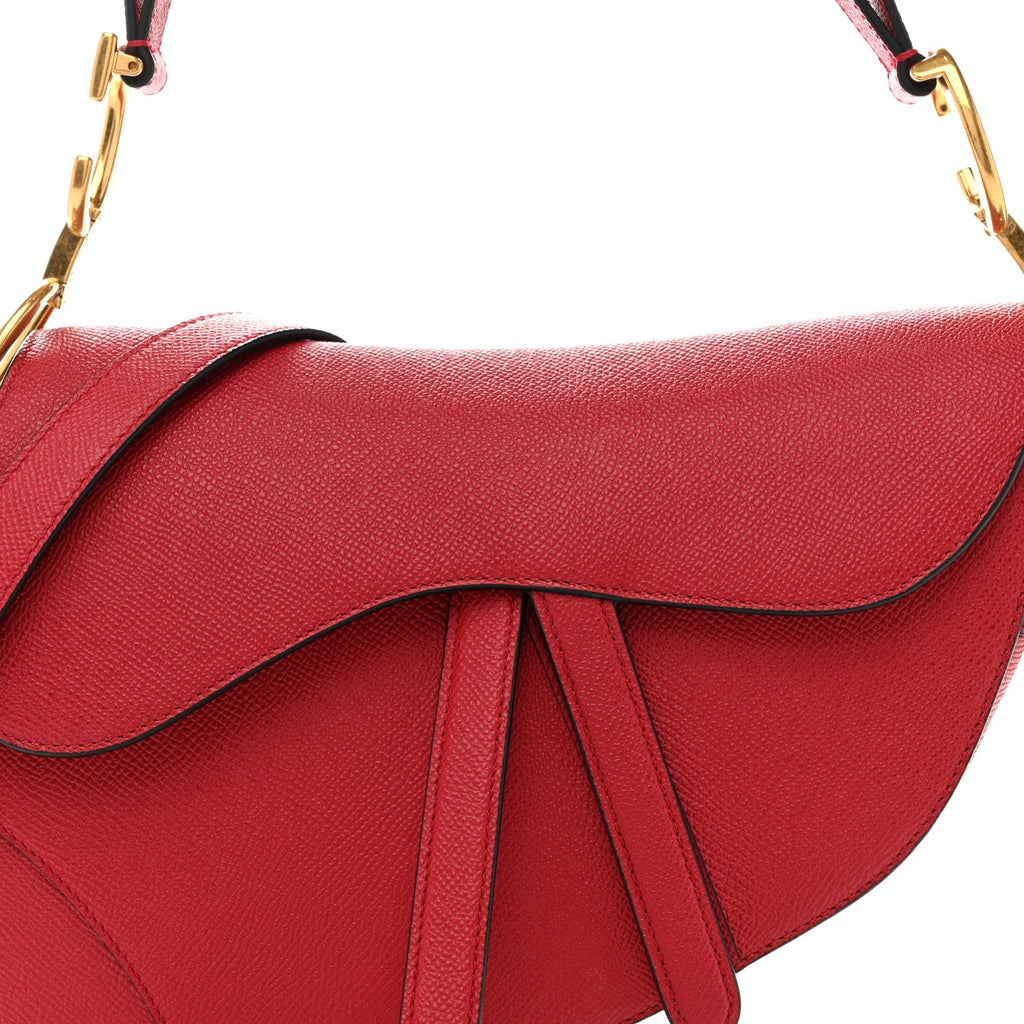 Grained Calfskin Saddle Bag With Strap Cherry Red