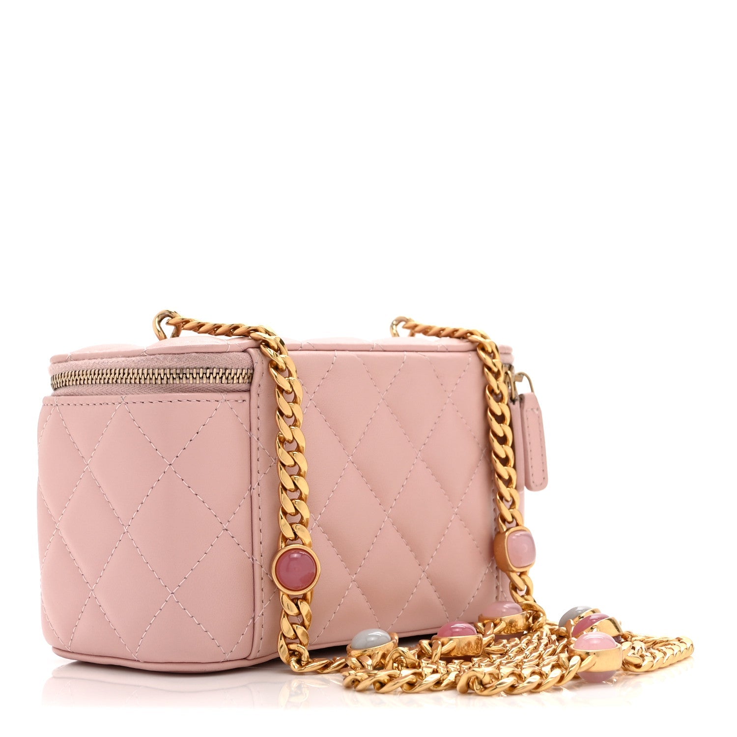 Caviar Quilted Pearl Enamel Small Vanity Case With Chain Light Pink