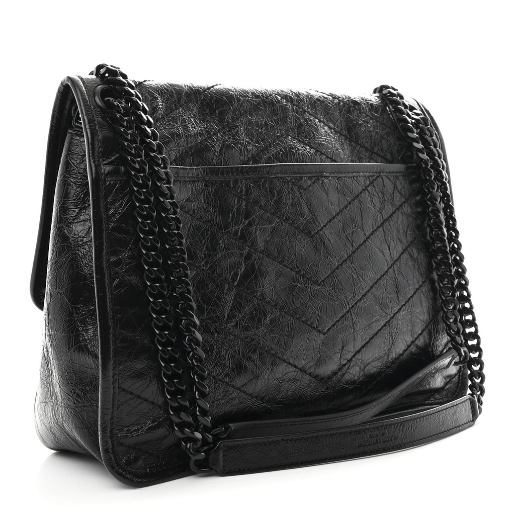 Crinkled Calfskin Matelasse Monogram Medium Niki Chain Satchel Black