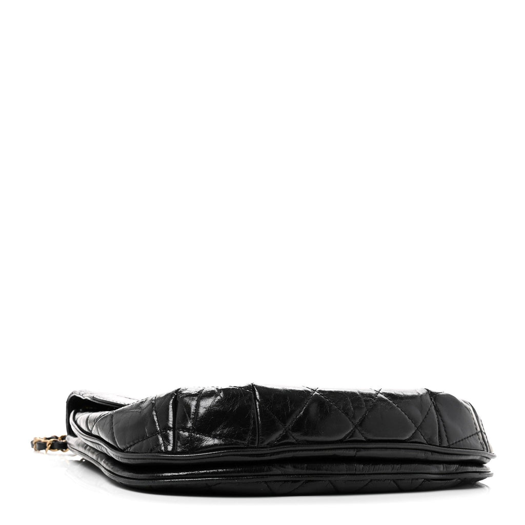 Glazed Calfskin Quilted Medium Bubble CC Flap Black