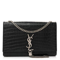 Calfskin Crocodile Embossed Medium Classic Monogram Kate Tassel Satchel Black